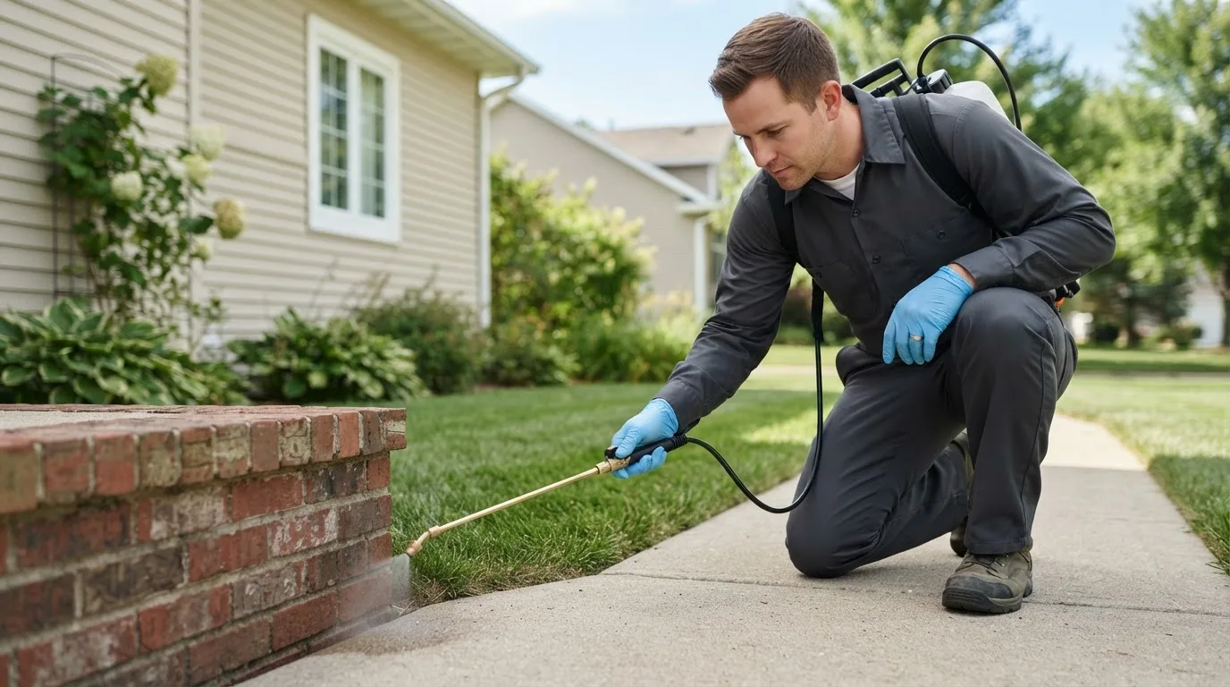Pest control technician treating a home near Tillamook, OR
